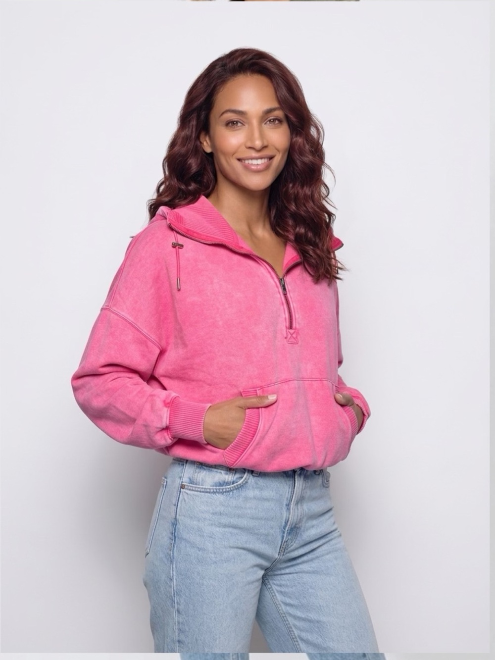 Zenana Pink Half-Zip Hooded Pullover
